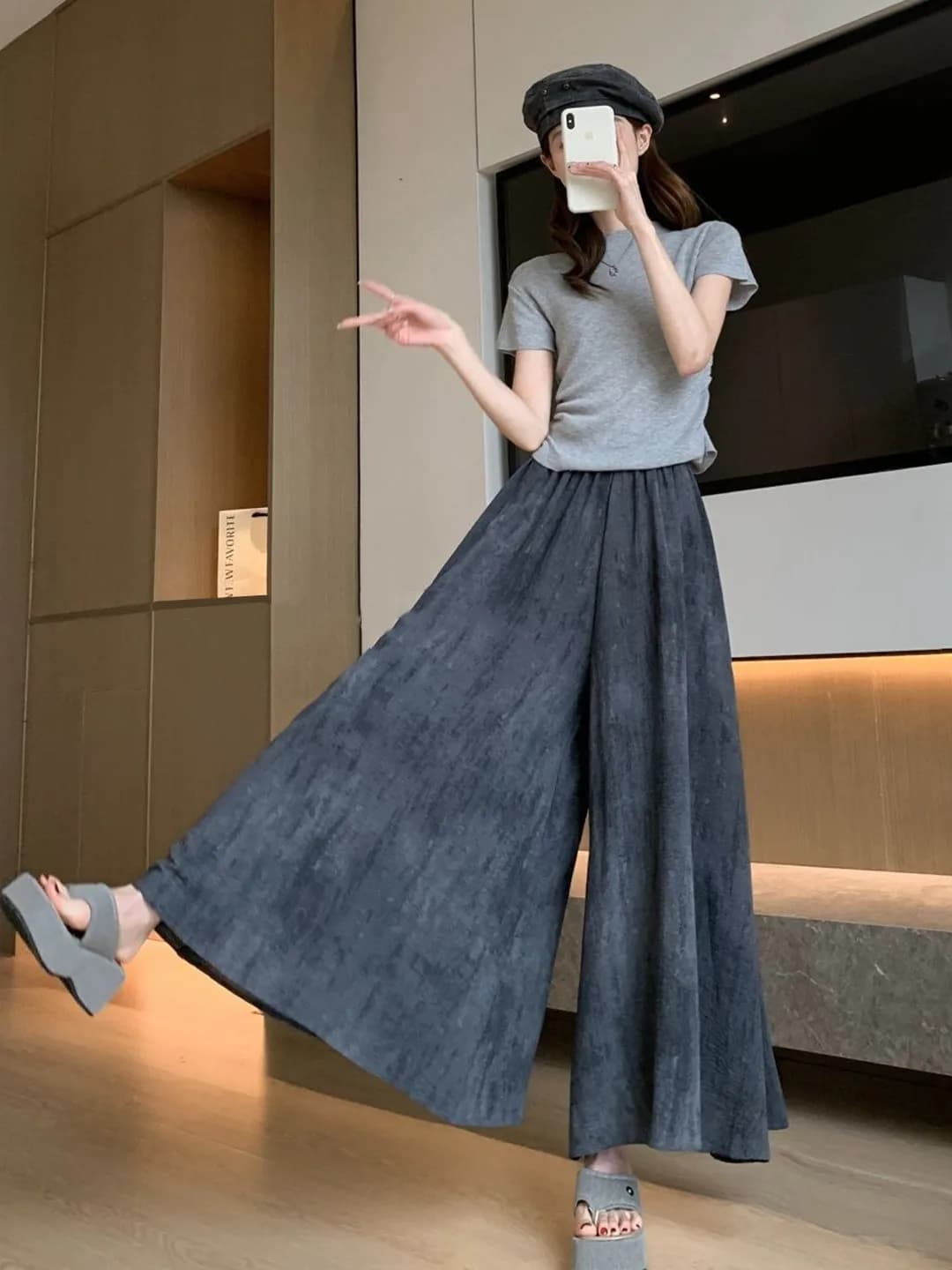 Summer Thin High Waist Wide Leg Ice Silk Skirt Pants Women's Stylish Dyed Korean Style Casual Pants Nine Points High Waist