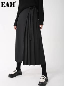[EAM] High Elastic Waist Bandage Pleated Elegant Wide Leg Pants New Trousers Women Fashion Tide Spring Autumn 2026 1DH9564