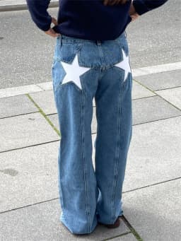 Women Fashion Jeans Star Pattern Loose Denim Pants Spring Fall Casual Low Waist Trousers Wide Leg Pants