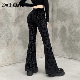 Goth Dark Vintage Floral Scratched Mall Gothic Pants Velvet High Waist Skinny Flare Trousers for Women Streetwear Cyber Y2K Pant