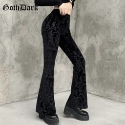 Goth Dark Vintage Floral Scratched Mall Gothic Pants Velvet High Waist Skinny Flare Trousers for Women Streetwear Cyber Y2K Pant