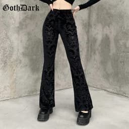 Goth Dark Vintage Floral Scratched Mall Gothic Pants Velvet High Waist Skinny Flare Trousers for Women Streetwear Cyber Y2K Pant