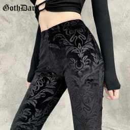 Goth Dark Vintage Floral Scratched Mall Gothic Pants Velvet High Waist Skinny Flare Trousers for Women Streetwear Cyber Y2K Pant