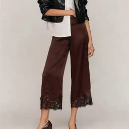 Satin Silk Lace Trim Capri Pants Women Y2k Solid Color Wide Leg Elastic Waist Pajama Bottoms Casual Patchwork Pj Lounge Trousers