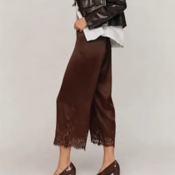 Satin Silk Lace Trim Capri Pants Women Y2k Solid Color Wide Leg Elastic Waist Pajama Bottoms Casual Patchwork Pj Lounge Trousers