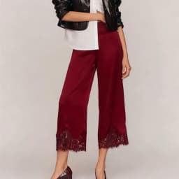 Satin Silk Lace Trim Capri Pants Women Y2k Solid Color Wide Leg Elastic Waist Pajama Bottoms Casual Patchwork Pj Lounge Trousers