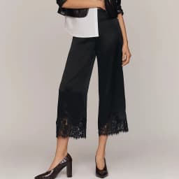Satin Silk Lace Trim Capri Pants Women Y2k Solid Color Wide Leg Elastic Waist Pajama Bottoms Casual Patchwork Pj Lounge Trousers