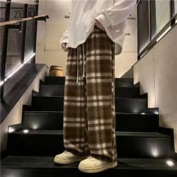 Casual Plaid Pants Men's and Women's Autumn American Retro Office Lady Straight Leg Loose Full Length Versatile Pant Female
