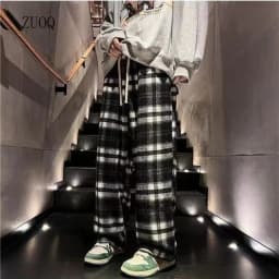 Casual Plaid Pants Men's and Women's Autumn American Retro Office Lady Straight Leg Loose Full Length Versatile Pant Female