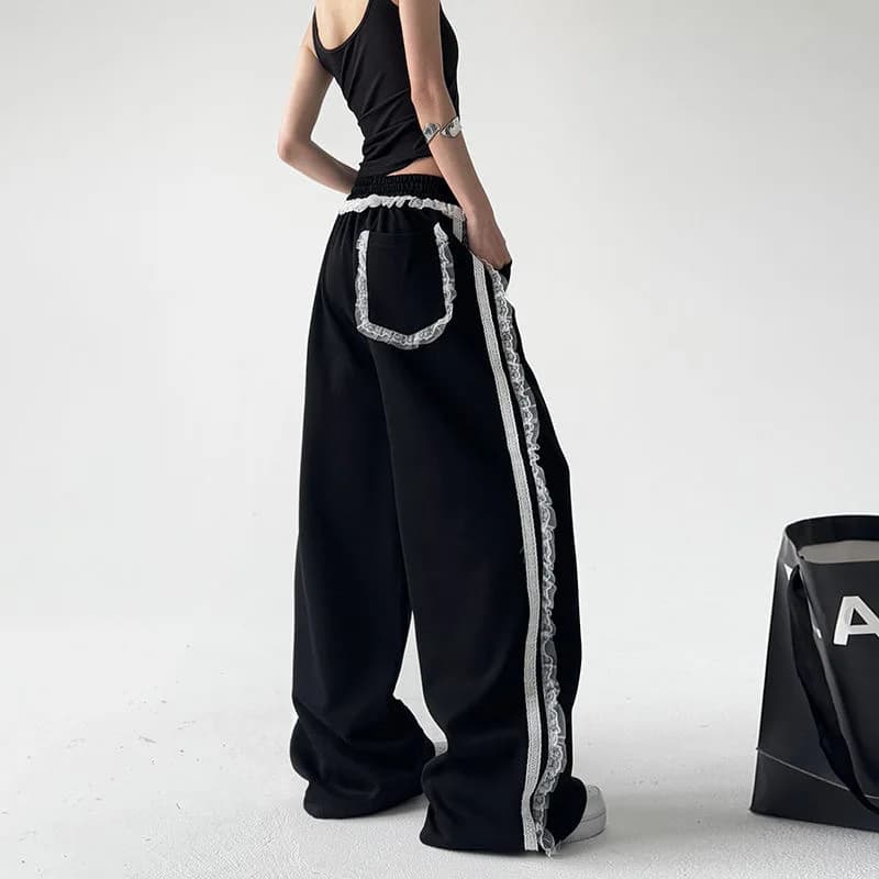Black Design Spring New Women's Sweatpants Comfortable Wide Leg Sports Casual Pants Lace Drapey Loose Fit Organic Cotton