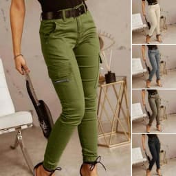2026 New Woman Work Trousers Spring Autumn Casual Multi-Pocket Tight Foot Trousers Low-waist Button Solid Color Women's Leggings