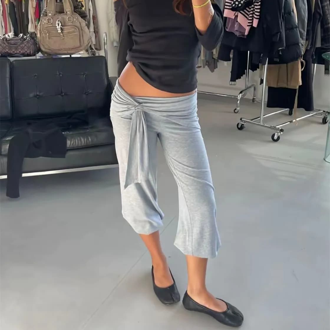 Women Y2K Wrap Waist Tie Sash Capri Pants Solid Low Rise Ruched Bandage Cropped Lantern Trousers Soft Modal Loose Jogger Pants