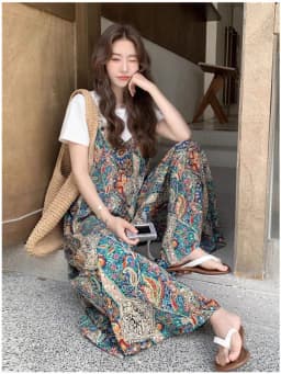 Summer 2025 Women's Bohemian Style Casual All-Match Color Block Print One-Piece Pants High Waist Loose Fit Commute Fashion