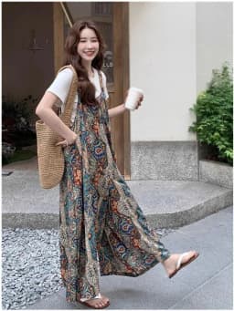 Summer 2025 Women's Bohemian Style Casual All-Match Color Block Print One-Piece Pants High Waist Loose Fit Commute Fashion
