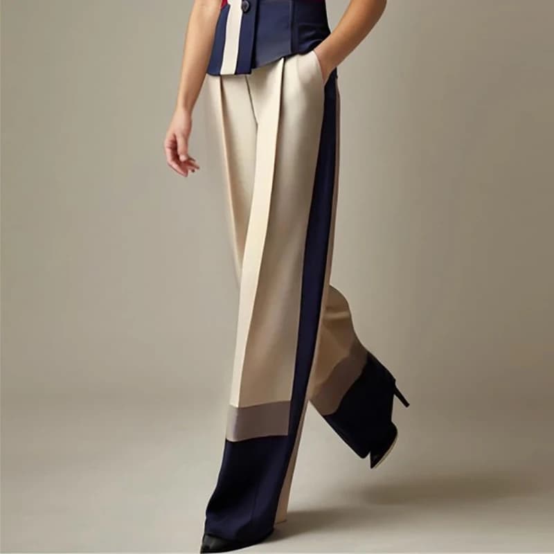 Kristarsgirl Women’s Striped Wide-leg Trousers 2025 Spring Fall Stylish Vintage High-waisted Contrast Color Pants for Female