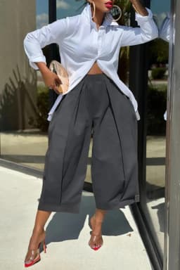 Women's Khaki Capri Trousers Pockets pleated Wide Leg Casual Vintage Loose Harajuku High Waist Leisure Calf-length Pants