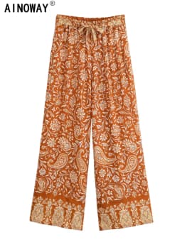 Vintage Chic Women Floral Print Wide Leg Bohemian Happie Pants Ladies Sashes Loose Rayon Boho Long Pant Oversize