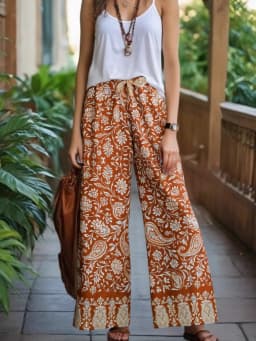 Vintage Chic Women Floral Print Wide Leg Bohemian Happie Pants Ladies Sashes Loose Rayon Boho Long Pant Oversize