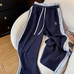 Fashion Plaid Women Pants Korean Lace Patchwork Bow Print High Waist Casual Trouser Loose All Match Chic Straight Sweatpants