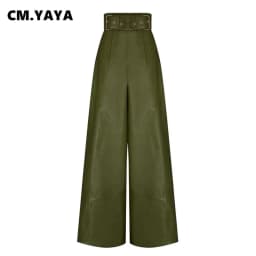 CM.YAYA Women Fashion Faux Leather High Waist Wide Leg Loose Pants Sashes Zipper 2025 Spring Party Casual Street PU Trousers