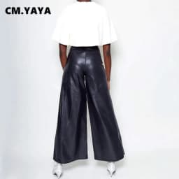 CM.YAYA Women Fashion Faux Leather High Waist Wide Leg Loose Pants Sashes Zipper 2025 Spring Party Casual Street PU Trousers