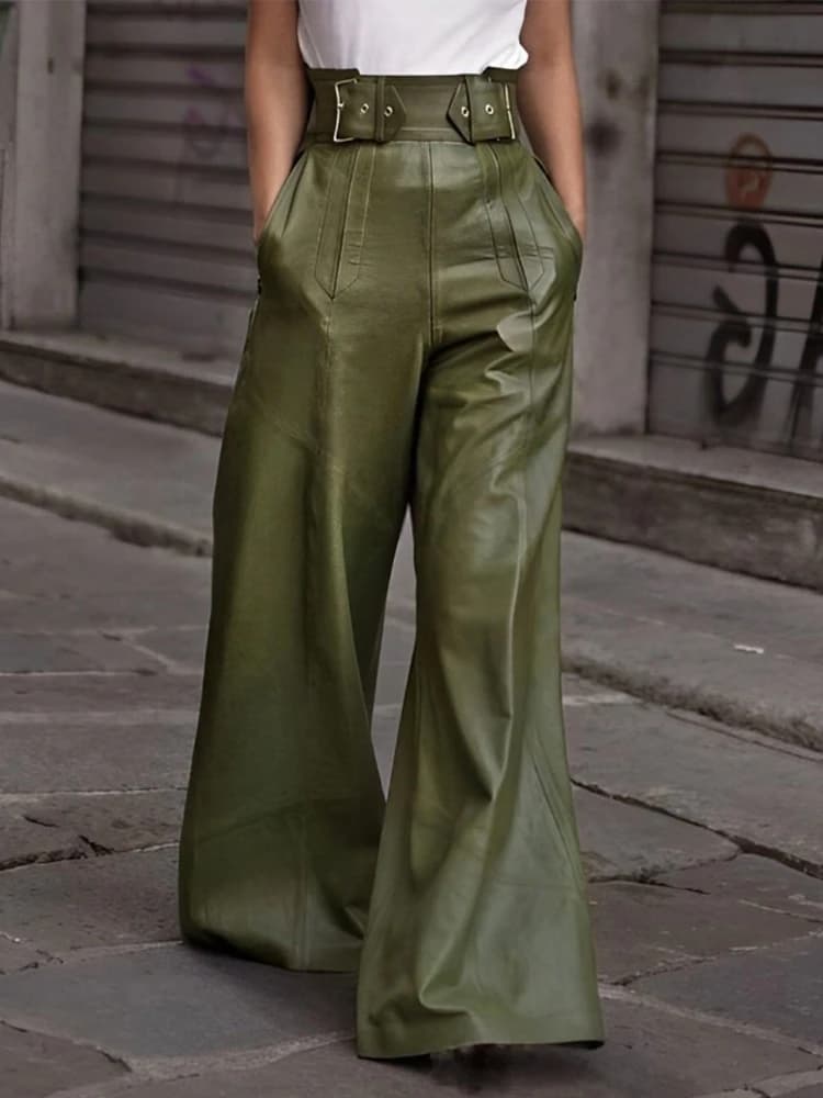 CM.YAYA Women Fashion Faux Leather High Waist Wide Leg Loose Pants Sashes Zipper 2025 Spring Party Casual Street PU Trousers