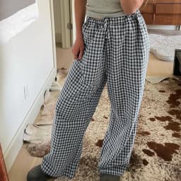 Y2K Vintage Women Girls Striped Plaid Pants Wide Leg Gingham Lounge Pants High Waist Striped Print Pajama Trousers Pants