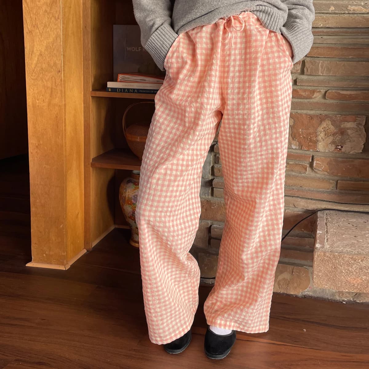 Y2K Vintage Women Girls Striped Plaid Pants Wide Leg Gingham Lounge Pants High Waist Striped Print Pajama Trousers Pants