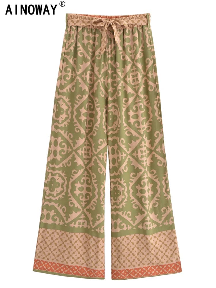Vintage Chic Fashion Women Geometric Floral Print Wide Leg Bohemian Pants with Pockets Lady Loose Rayon Boho Pant Trousers