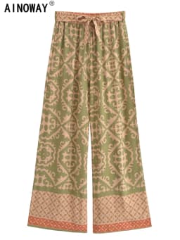 Vintage Chic Fashion Women Geometric Floral Print Wide Leg Bohemian Pants with Pockets Lady Loose Rayon Boho Pant Trousers