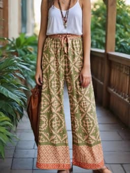 Vintage Chic Fashion Women Geometric Floral Print Wide Leg Bohemian Pants with Pockets Lady Loose Rayon Boho Pant Trousers