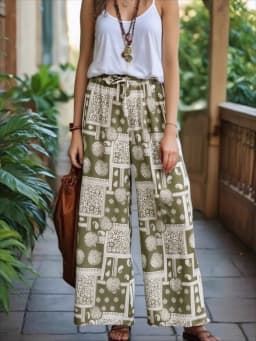Vintage Chic Fashion Women Geometric Floral Print Wide Leg Bohemian Pants with Pockets Lady Loose Rayon Boho Pant Trousers