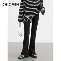CHIC VEN Women Long Pants Slim New High Waisted Elastic Casual Pant Female Black Flared Trousers Yoga Clothing Autumn 2026