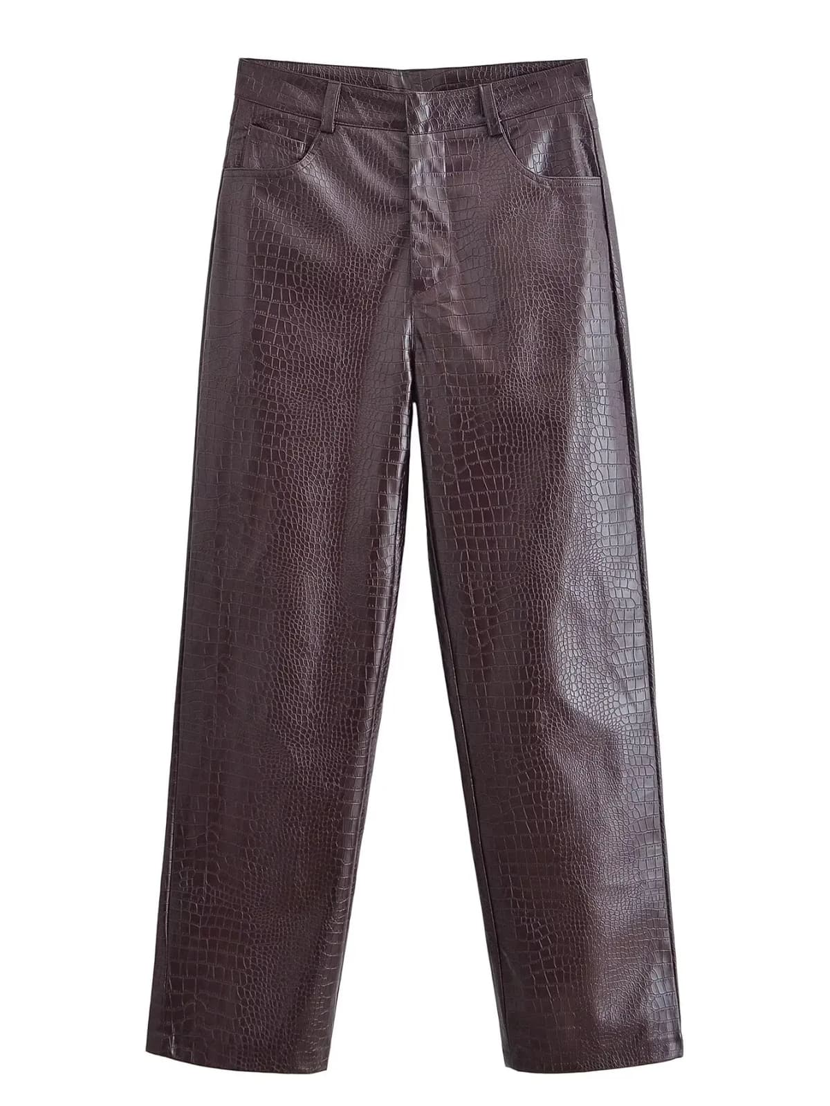 AOMO 2025 Women Brown Faux Leather Pants Trousers Zipper Female Suit Pants QN39