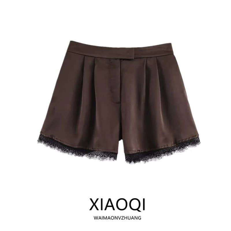 Spring Summer 2026 New Casual Lace Trim Satin Shorts Women's Versatile mid Waist All Match Short Pants Elegant Fashionable