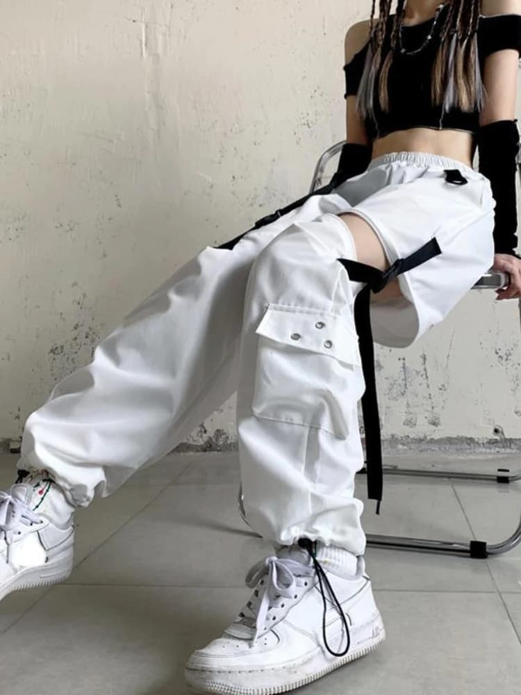 Korean Detachable Y2k Pants Casual Loose Solid High Waist Patchwork Hollow Out Pantalones 2022 Draw String Punk Wide Leg Pant
