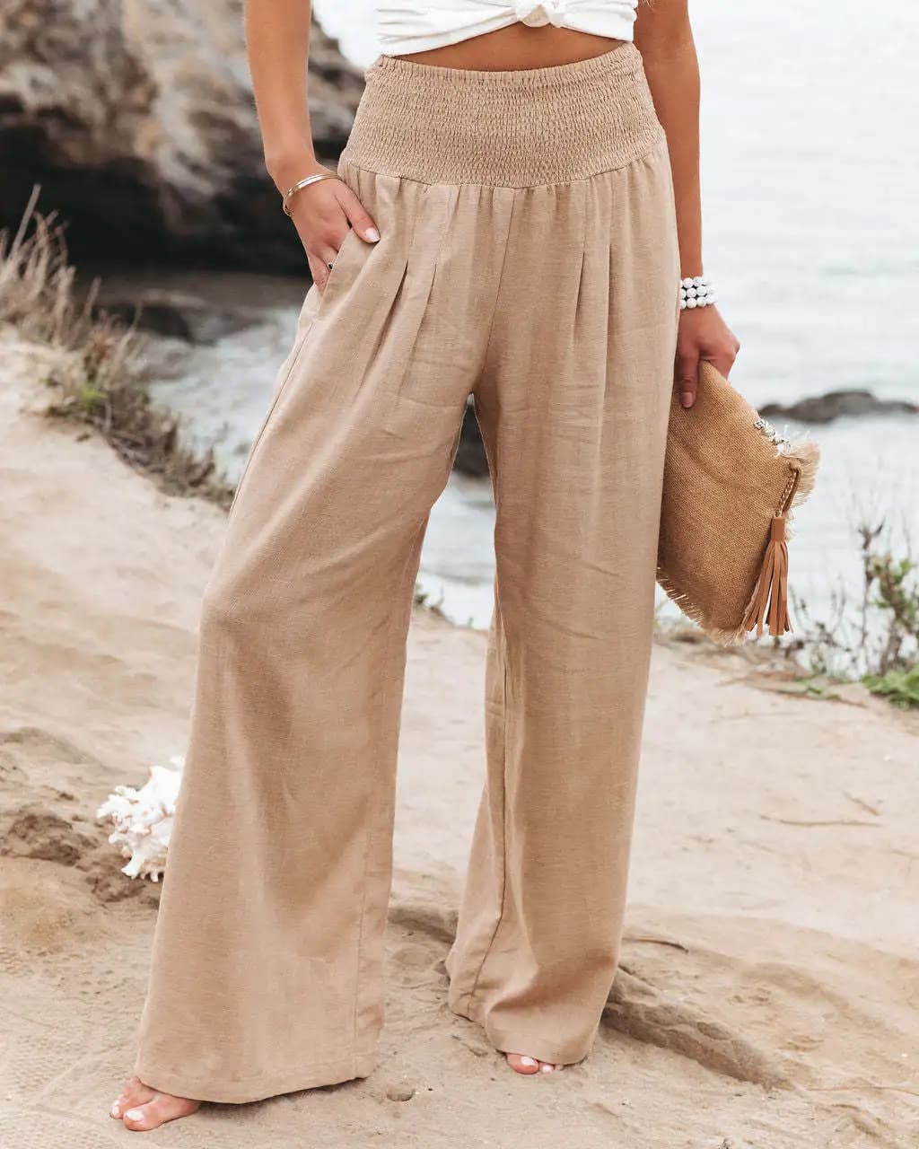 Women's casual pants with drawstring, mid waist, beach wide leg, spring and summer, European and American pants