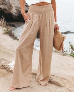 Women's casual pants with drawstring, mid waist, beach wide leg, spring and summer, European and American pants