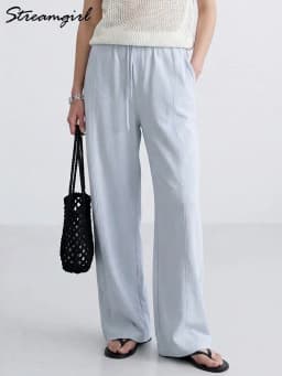 Cotton Summer Pants For Women Wide Leg Blue Trousers With Elastic Band Straight Leg Bottoms White Women's Pants Summer Loose