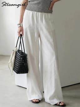 Cotton Summer Pants For Women Wide Leg Blue Trousers With Elastic Band Straight Leg Bottoms White Women's Pants Summer Loose