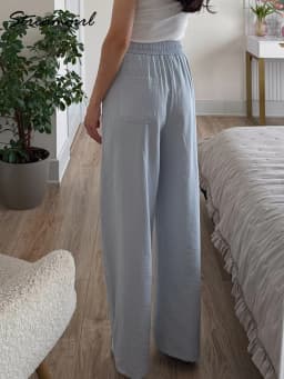 Cotton Summer Pants For Women Wide Leg Blue Trousers With Elastic Band Straight Leg Bottoms White Women's Pants Summer Loose
