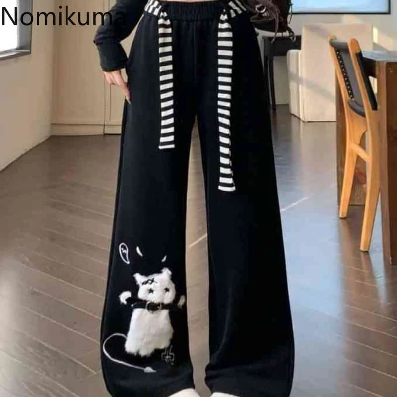 2025 New Bottoms Japanese Sweatpants Fashion Sweet Wide Leg Pants for Women Pantalon Femme Casual Cute Cat Embroidery Trousers