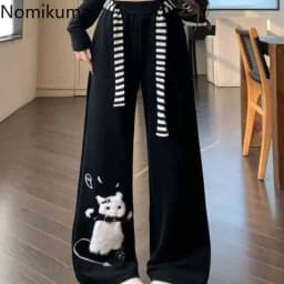 2025 New Bottoms Japanese Sweatpants Fashion Sweet Wide Leg Pants for Women Pantalon Femme Casual Cute Cat Embroidery Trousers