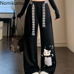 2025 New Bottoms Japanese Sweatpants Fashion Sweet Wide Leg Pants for Women Pantalon Femme Casual Cute Cat Embroidery Trousers