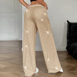 Y2K Women Wide Leg Pants Low Waist Shiny Sequins Loose Soild Color Casual Party Long Trousers Streetwear