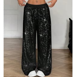 Y2K Women Wide Leg Pants Low Waist Shiny Sequins Loose Soild Color Casual Party Long Trousers Streetwear