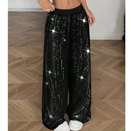 Y2K Women Wide Leg Pants Low Waist Shiny Sequins Loose Soild Color Casual Party Long Trousers Streetwear