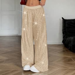 Y2K Women Wide Leg Pants Low Waist Shiny Sequins Loose Soild Color Casual Party Long Trousers Streetwear