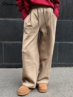 Streamgirl Women Winter Corduroy Pants Dark Brown With Thick Warm Fleece Trousers Corduroy High Waist Loose Pants For Women