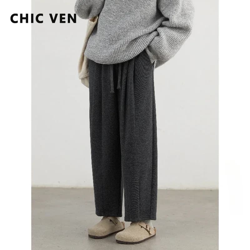 CHIC VEN Women Pant Solid Pleated Loose New High Waist Casual Female Wide Leg Trousers Woman Clothing Autumn Winter 2024